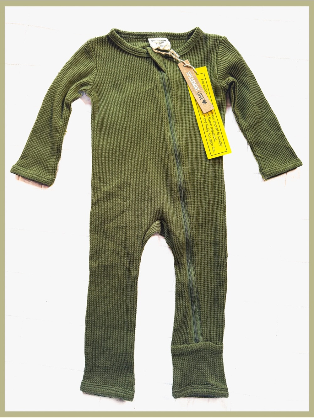 NWT SpearmintLOVE Olive Waffle Knit Zip Romper 6 12 Boy Girl Green Long Johns